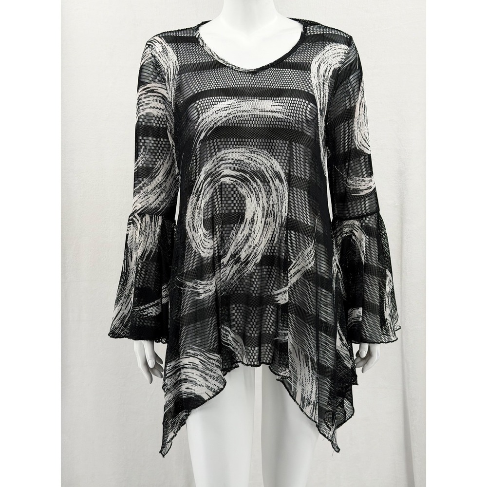 Dor Dor Couture Top Womens Medium Black White Swirl Mesh Sheer Artsy Abstract